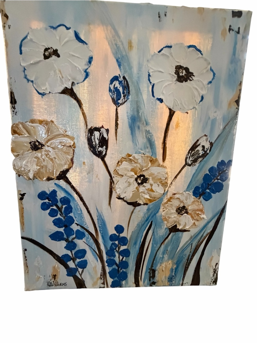 NWT Acrylic Textured Floral Canvas Painting in White, Blue & Cream 14 x 18" - Picture 7 of 14